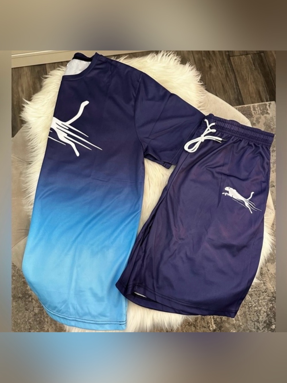 Men’s Logo Tee Shirt/Shorts Set Navy & Light Blue Ombré Colors Sz XL NEW!